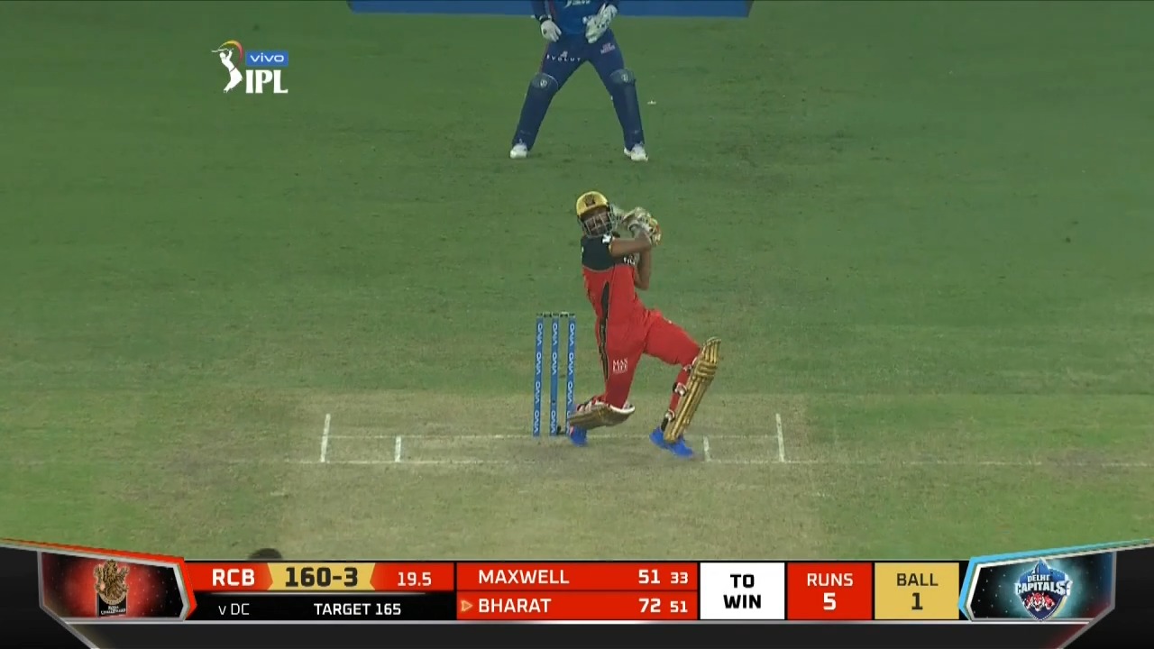 Bharat hit six on last ball to win match for RCB against DC