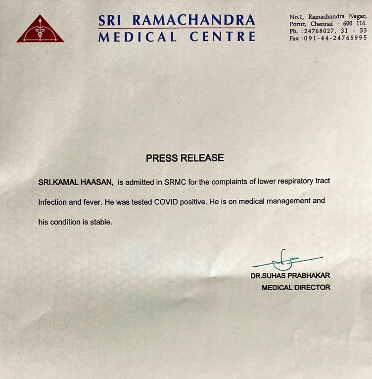 kamal haasan health status breaking notice by Chennai SRMC 