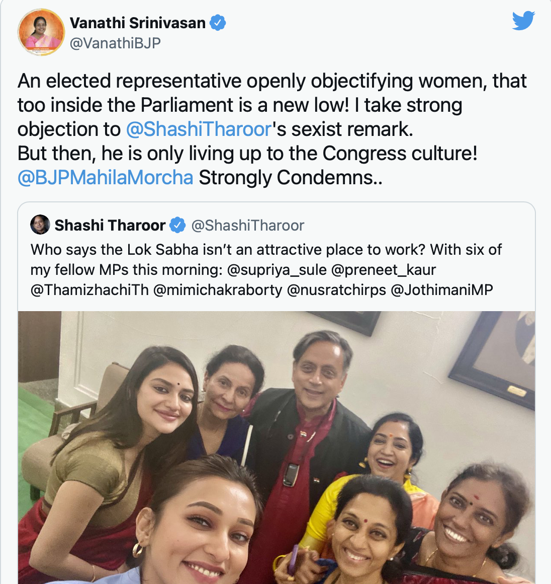 Shashi Tharoor's picture with women MPs raised controversies