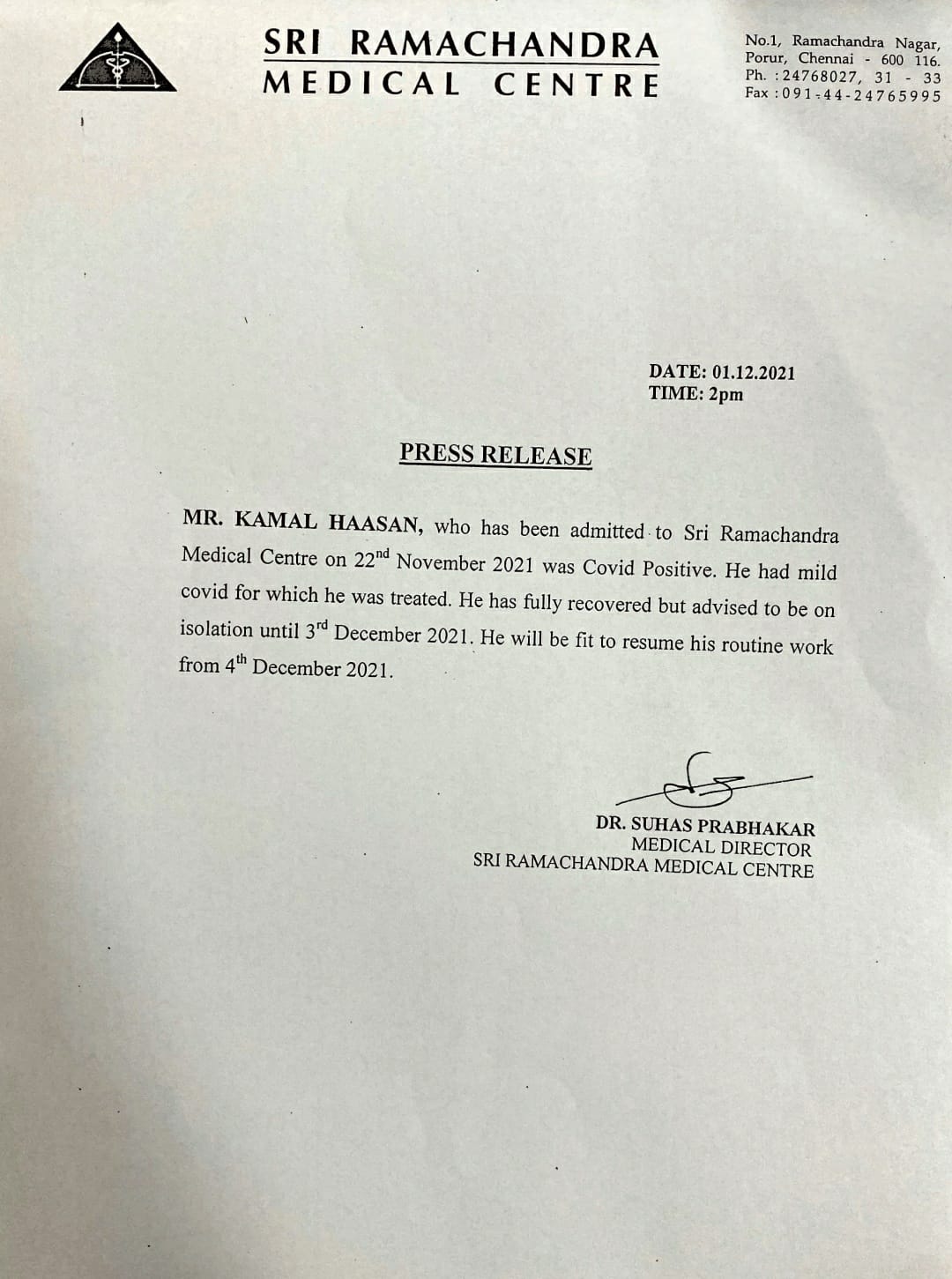 kamal haasan health condition Hospital press release