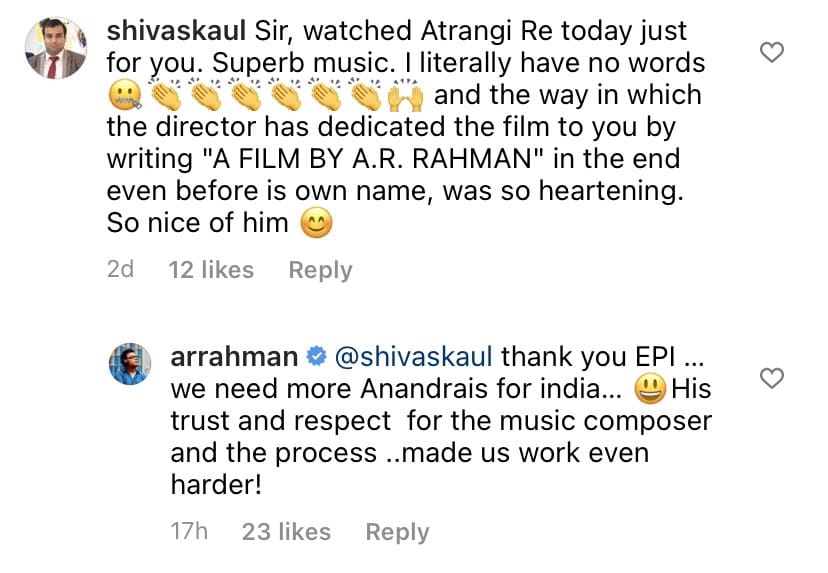 A R Rahman comment on Atrangi Re Movie Dir Anand L Rai