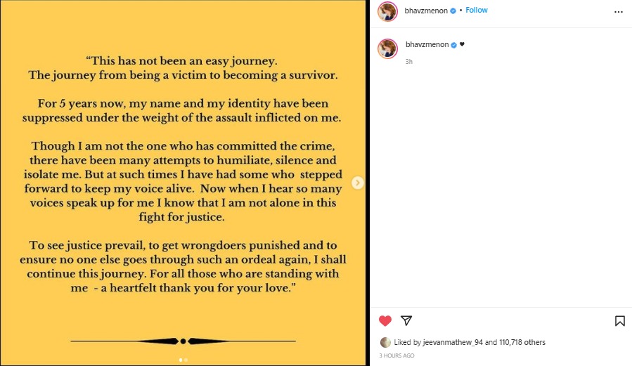 Actress Bhavana Instagram Viral Post on Actor Dhilip