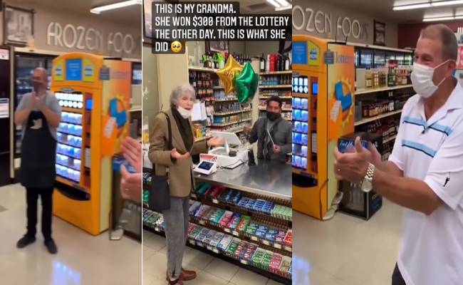  86 yr old woman splits her lottery prize with cashier