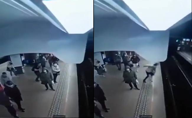 brussels man pushes woman infront of metro train video
