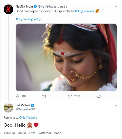 Shyam Singha Roy Sai Pallavi Said Hello Netflix Viral tweet