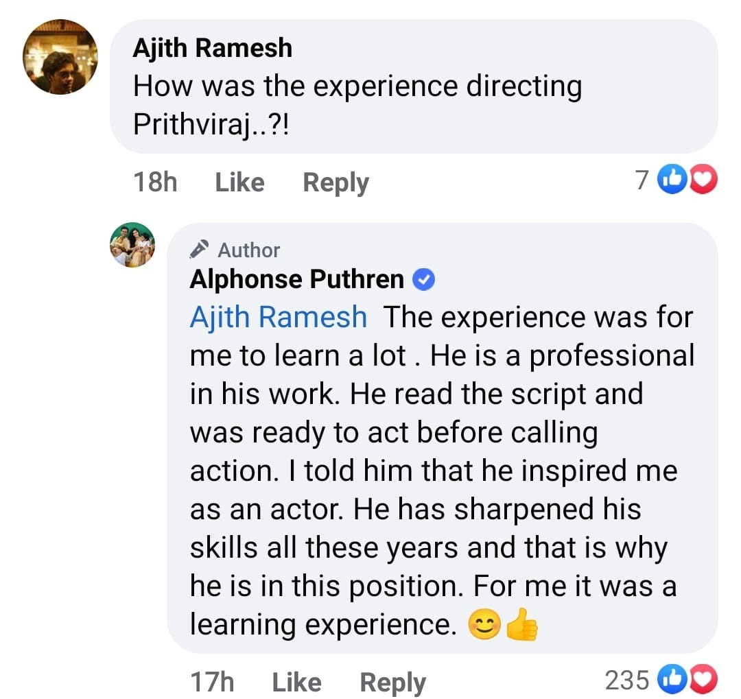 Alphonse puthren open about work experience with prithviraj