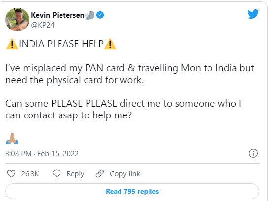 Former England player, Peterson seeks help Regarding lost PAN Card