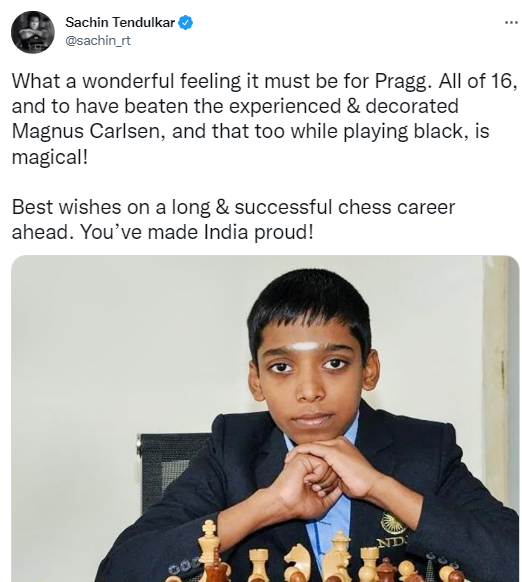 Sachin Tendulkar praise Tamilnadu chess grandmaster Praggnanandhaa