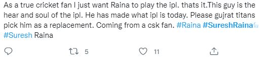  ipl fans trend about suresh raina for ipl 2022 in twitter