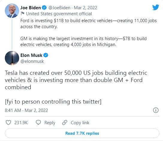  Look Elon Musk Reply to Joe Biden After he Praises Ford and GM