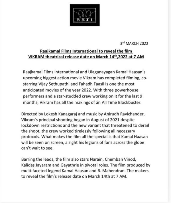 Raajkamal films update on VIkram movie release