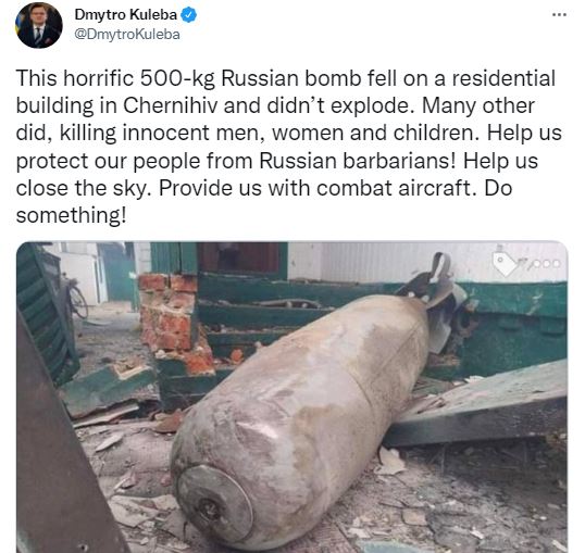 ukraine minister about 500 kg russian bomb in chernihiv