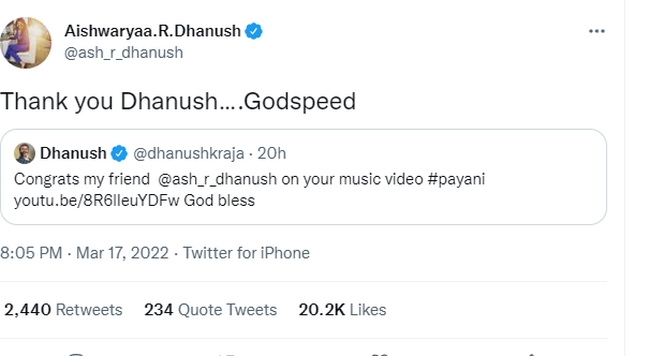 Aishwarya Rajinikanth reply to dhanush wish 