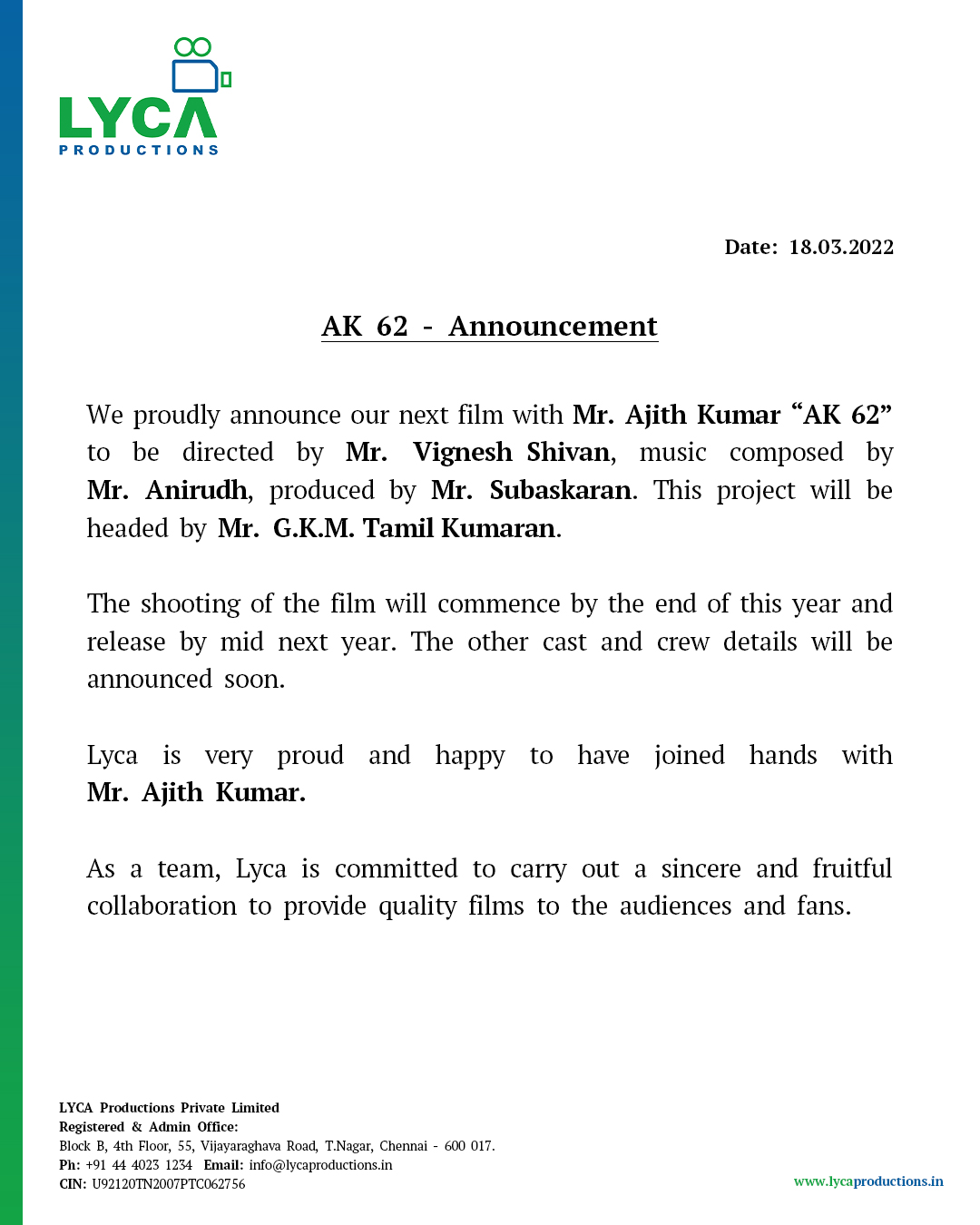 Ajith Kumar Next Movie AK62 official Lyca Vignesh Shivan