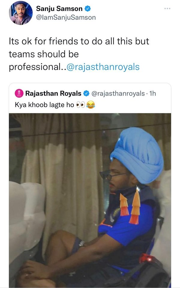 Sanju samson unfollows the official RR Twitter page after he get troll