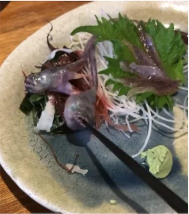  Fish served on plate opens its mouth and grabs chopstick 