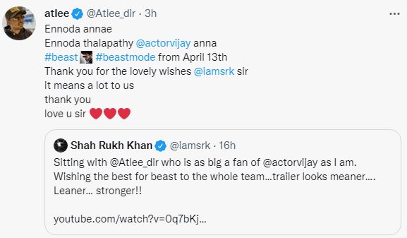 Shahrukh khan about beast trailer and atlee reacts