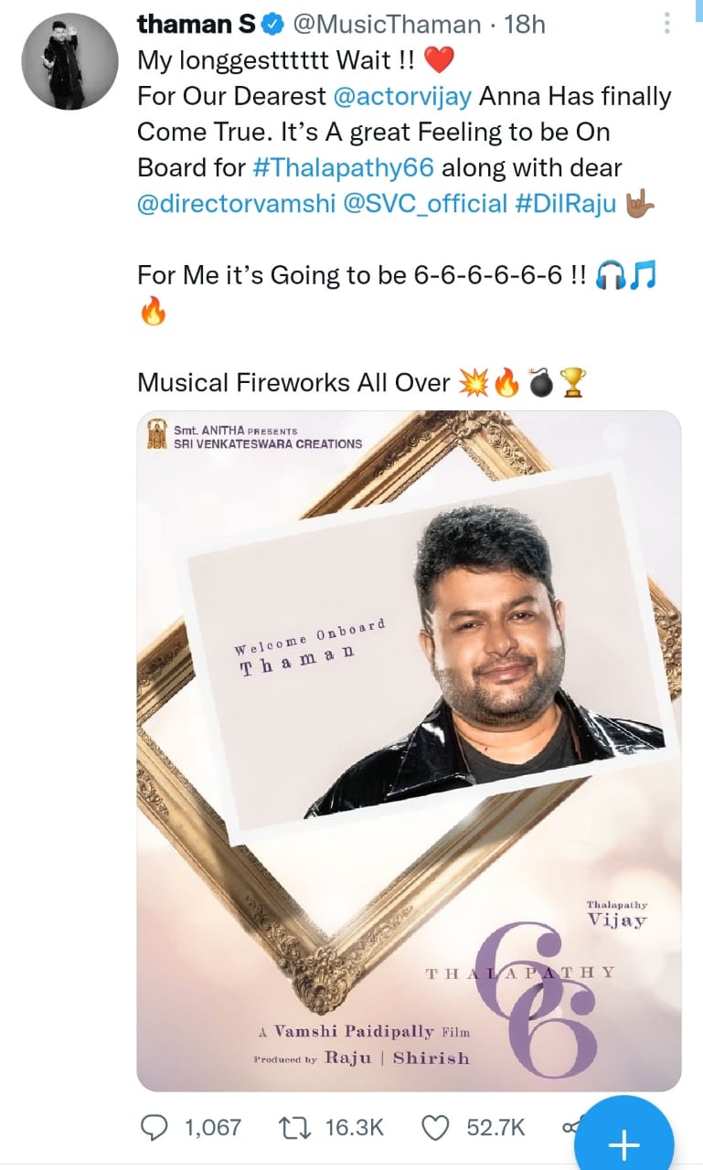 Music Director Thaman about Thalapathy Vijay 66 Movie 