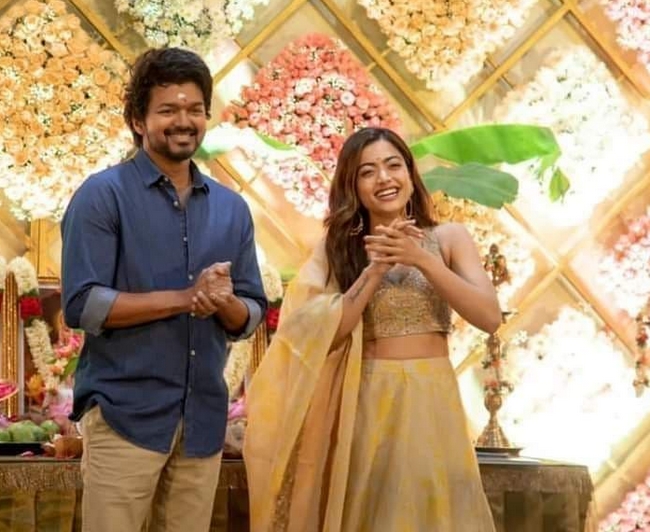 Actress Rashmika with vijay in Thalapathy 66 pooja viral pics 