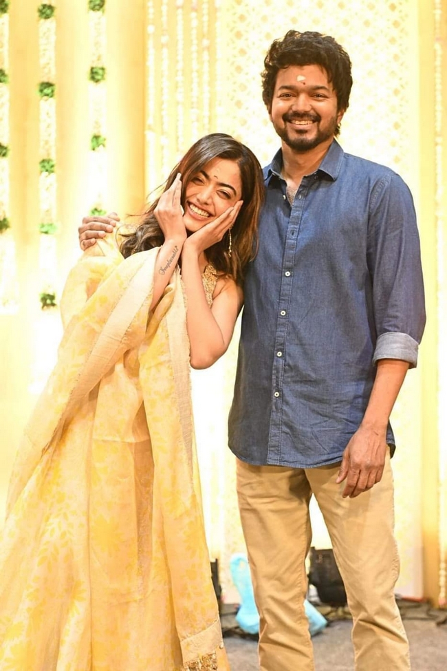 Actress Rashmika with vijay in Thalapathy 66 pooja viral pics 