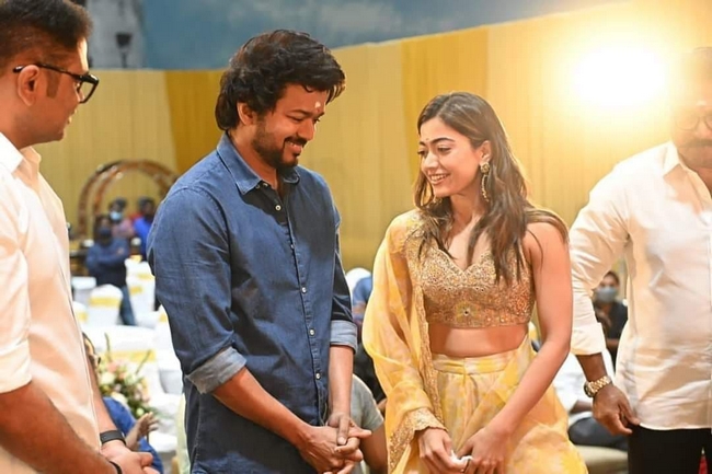 Actress Rashmika with vijay in Thalapathy 66 pooja viral pics 