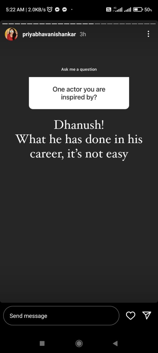  Actress Priya bhavani Shankar about Actor Dhanush 