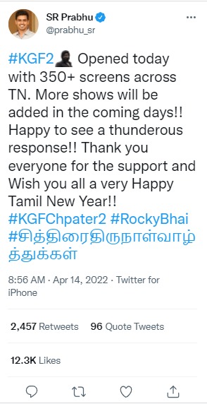 Yash KGF Chapter 2 Tamil Nadu Theater Count Details 