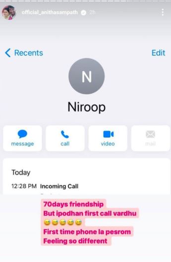 niroop called anitha and she shares in instagram