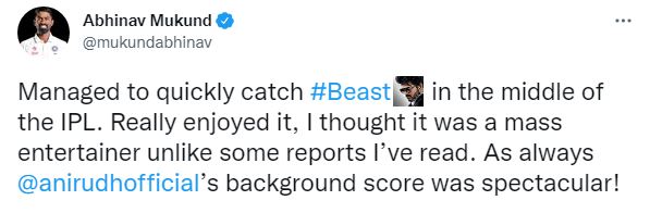 Abhinav mukund tweets after watched beast movie