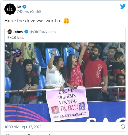 Dinesh Karthik viral reply to the 1000 KM Drove poster of a fan