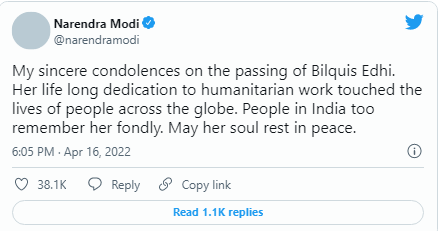 PM Modi condoles death of Pakistani humanitarian activist Bilquis Edhi