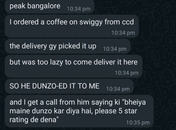 Bangalore man orders coffee from swiggy get it from dunzo