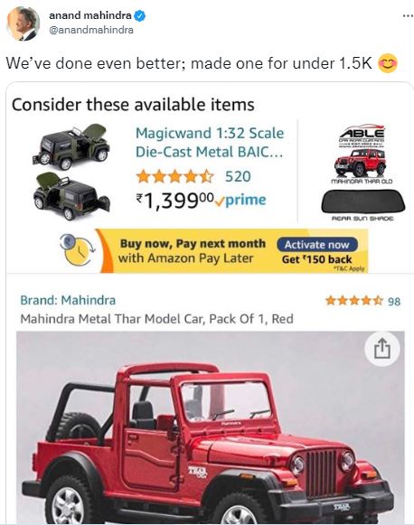 man asks about car in 10 k rupees anand mahindra responds