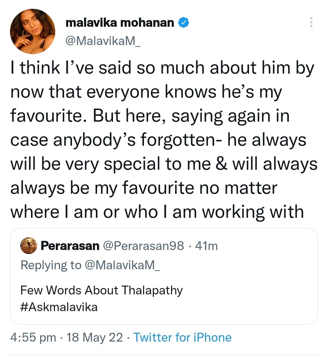 Actress Malavika Mohanan Latest Tweet about Actor Thalapathy Vijay