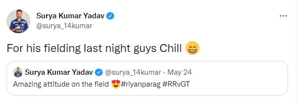 Suryakumar yadav tweets about riyan parag and clarifies