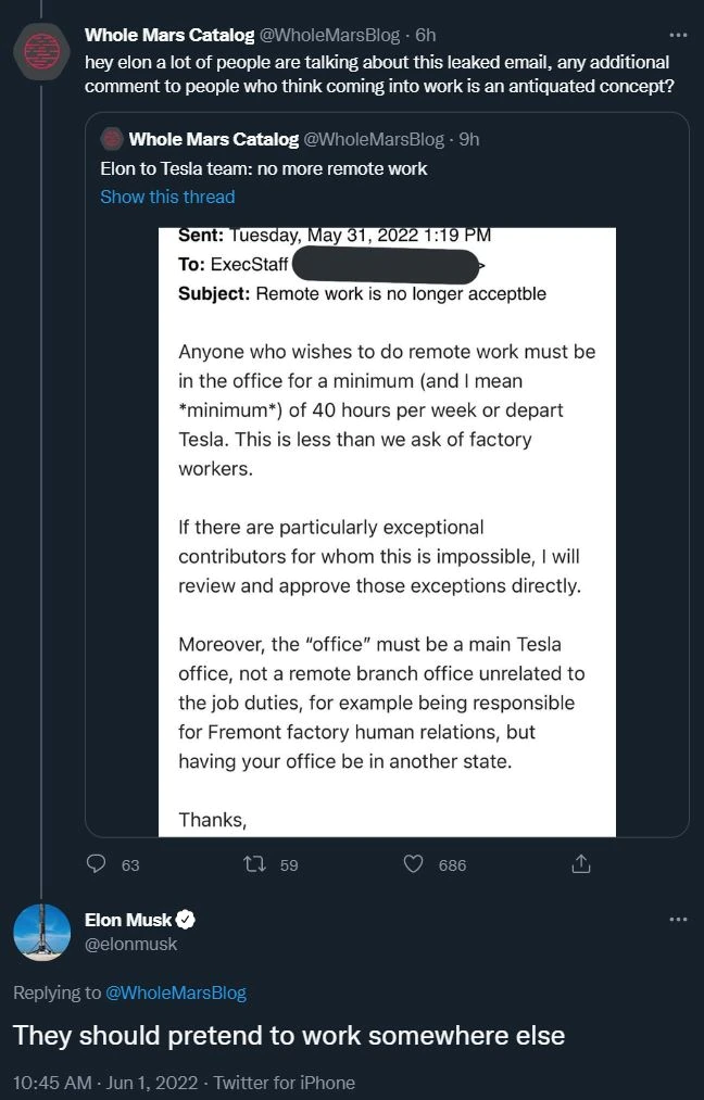 lon Musk tells Tesla employees remote work not acceptable