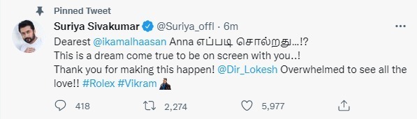 Suriya Tweet about Vikram Movie Rolex Character
