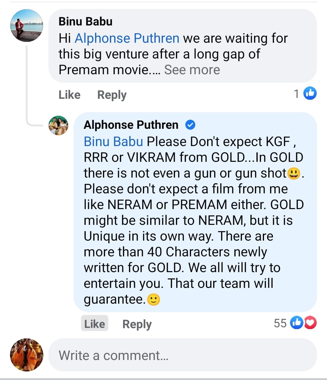Director Alphonse putren fb comment about Gold Movie