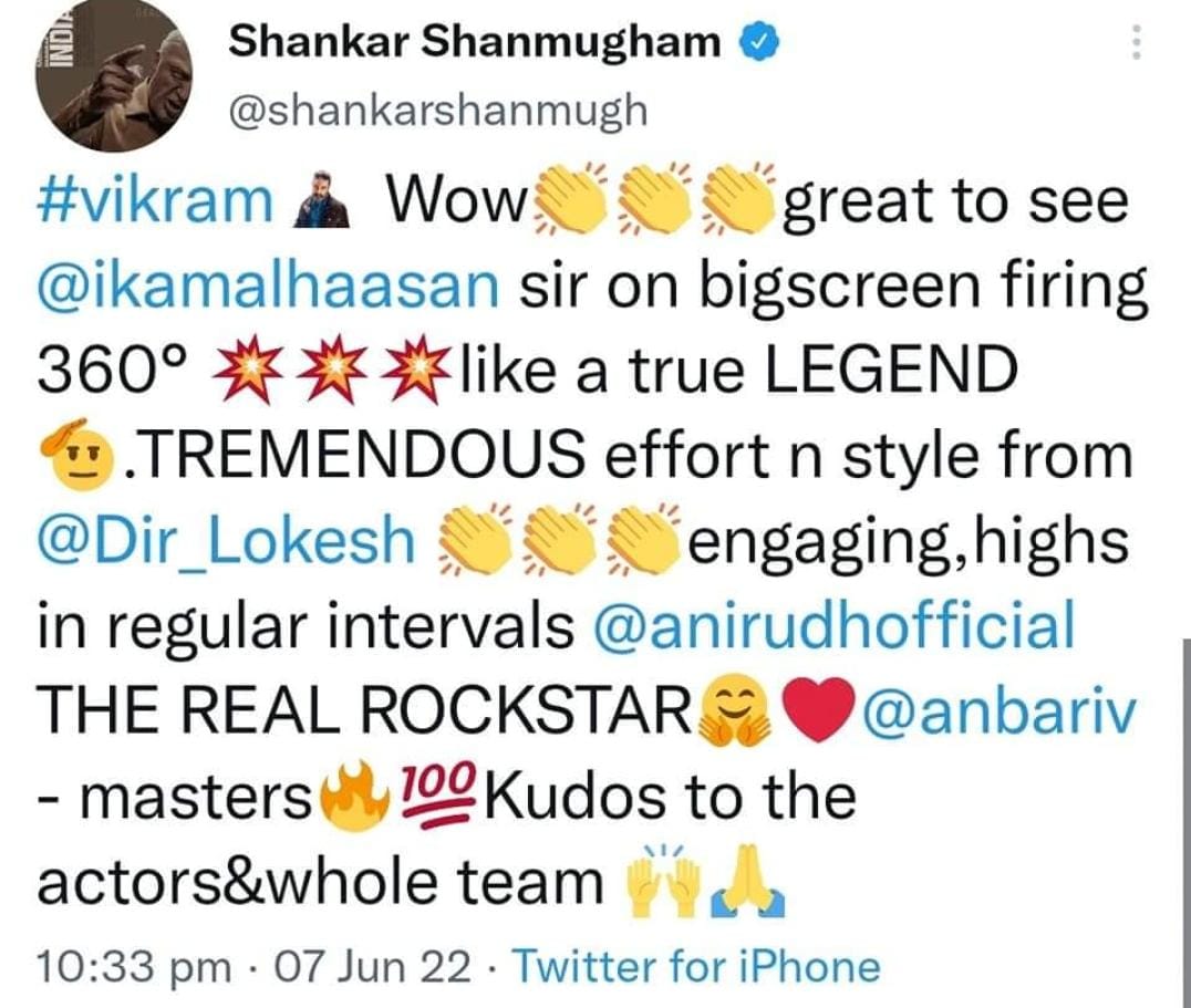 Director Shankar Review about Kamal Haasan Vikram Movie