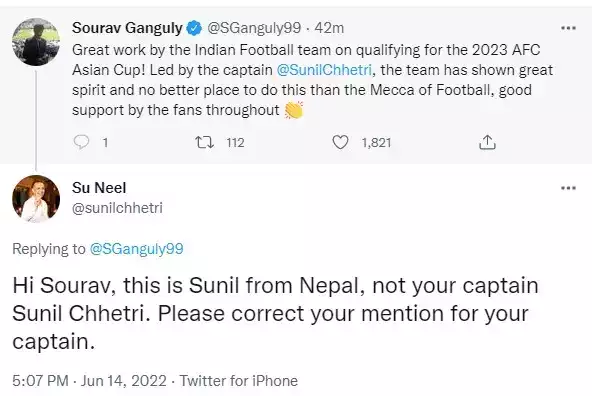 Sourav Ganguly tags wrong Sunil Chhetri in congratulatory tweet