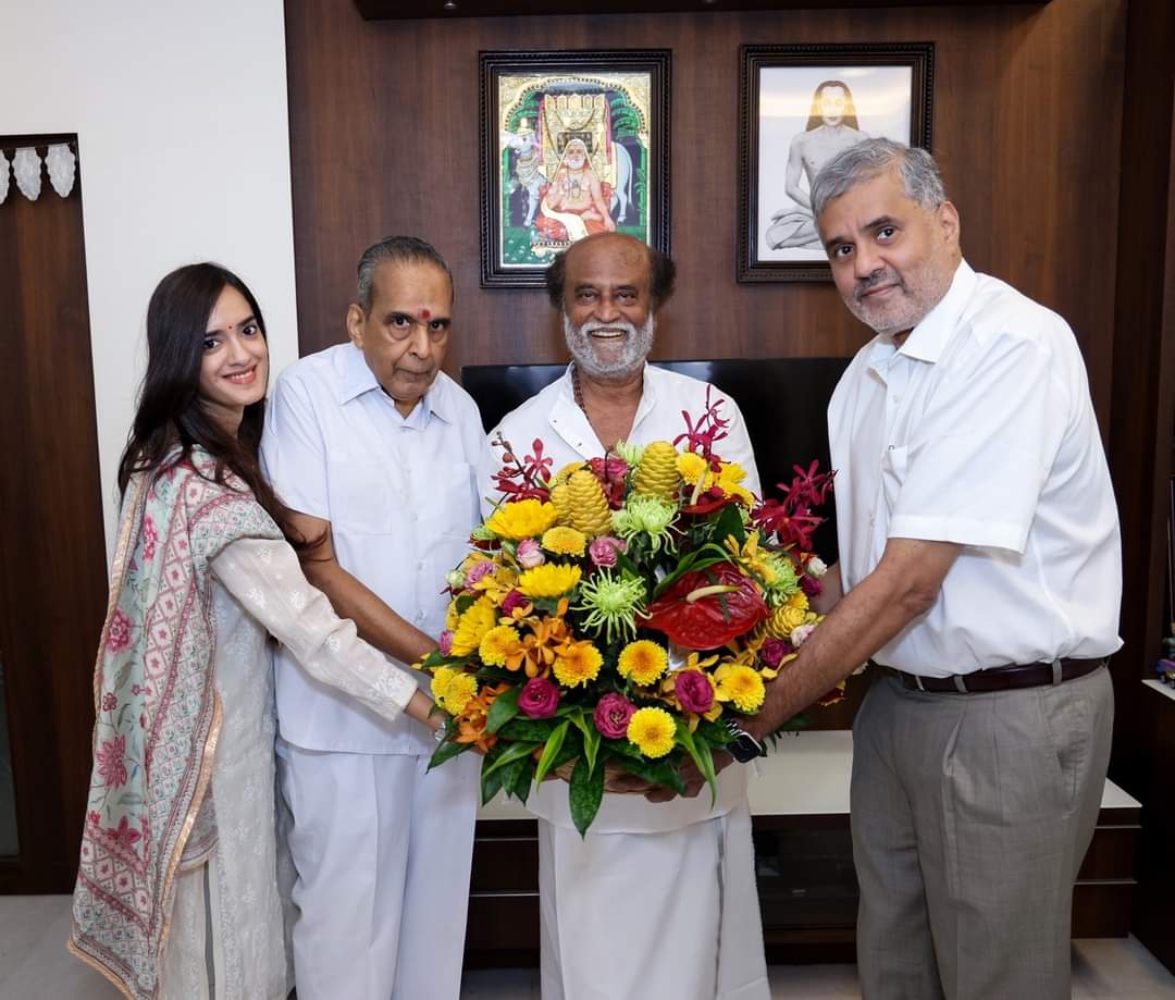AVM Productions owners meet Rajinikanth for Shivaji movie anniversary