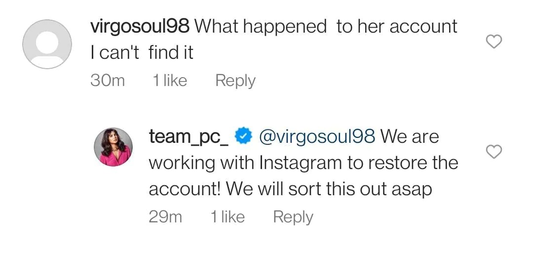 Priyanka Chopra Instagram Account Vanished and Restored