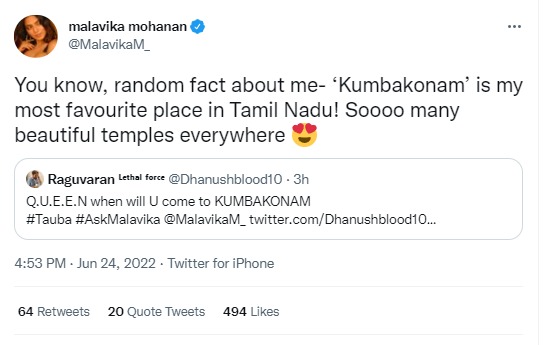 Malavika Mohanan tweet about Tamilnadu Kumbakonam Temple City