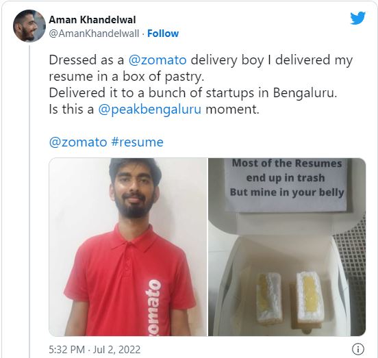 delivery boy attach his resume with pastry box viral 