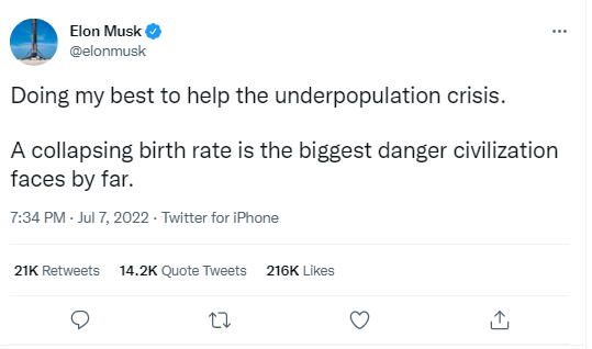 Doing My Best To Control Underpopulation Crisis Elon Musk On His 9 Chi
