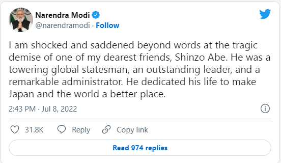 shinzo Abe dies PM Modi says saddened beyond words
