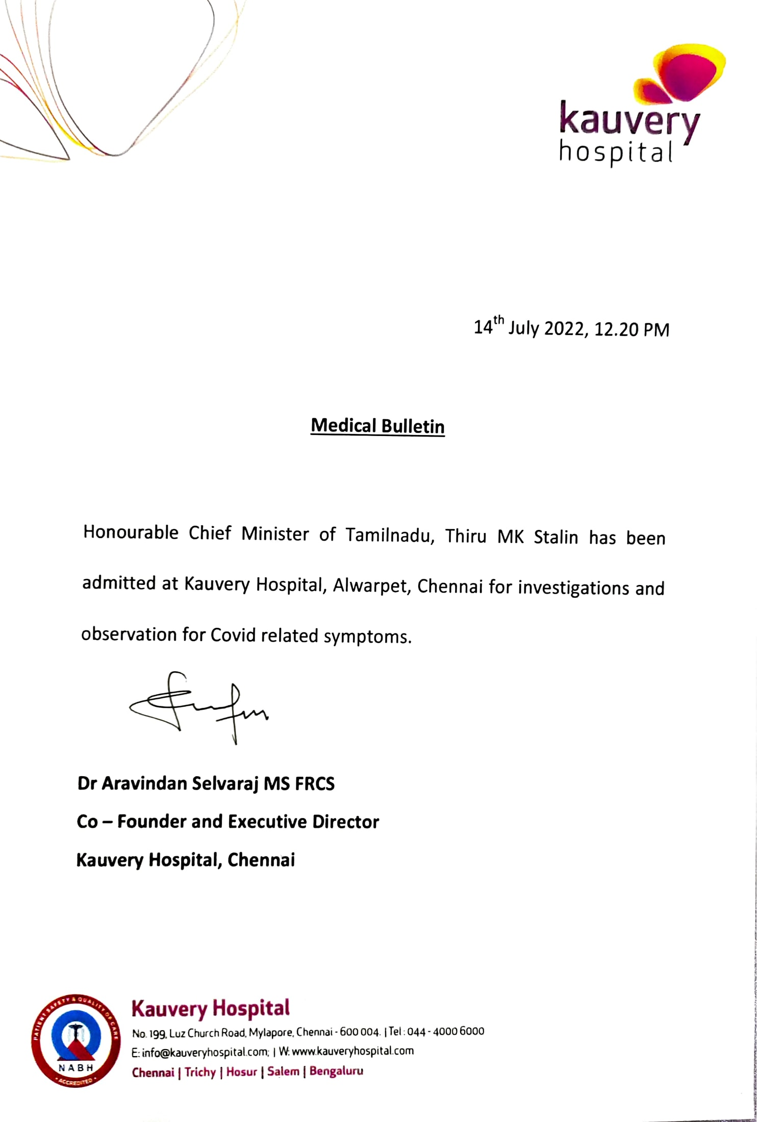 Tamilnadu cm Mk Stalin admitted in kauvery hospital