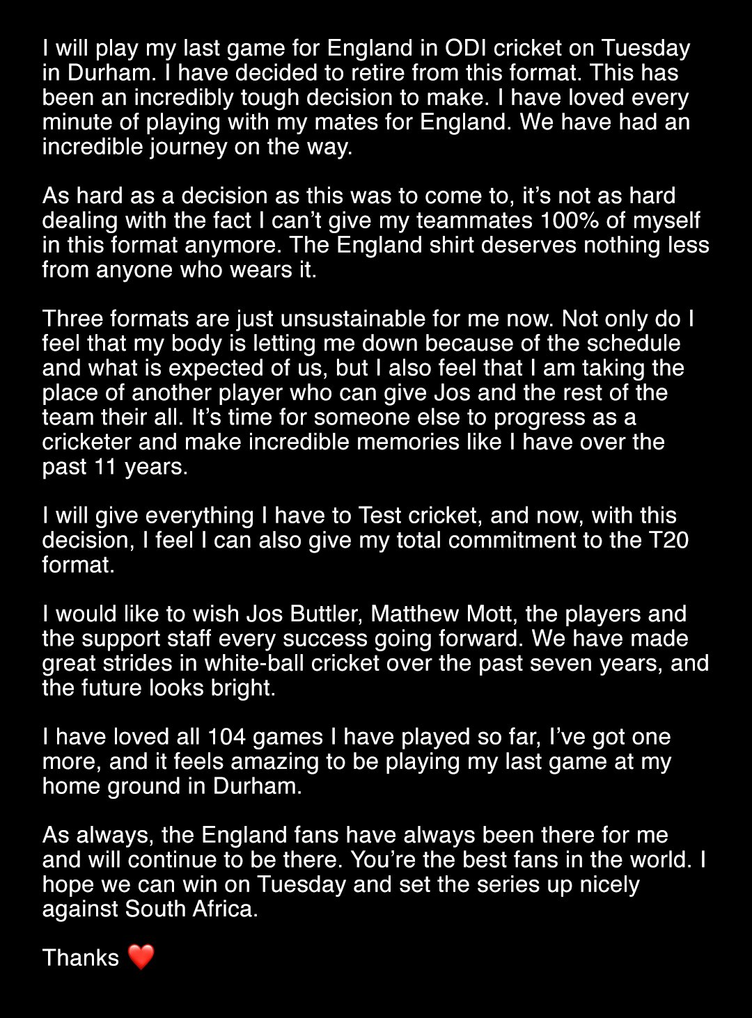 Ben stokes announced his retirement of odi posts emotional note