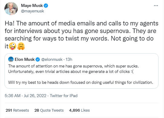 Maye Musk commented on Elon musk post on Twitter