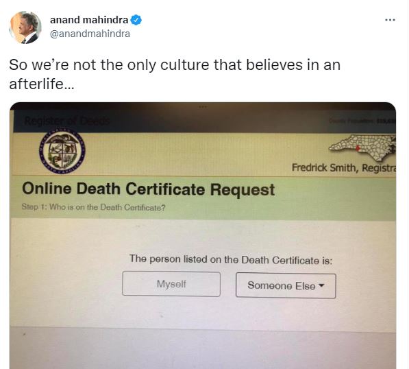 Anand mahindra tweets about death certificate website 